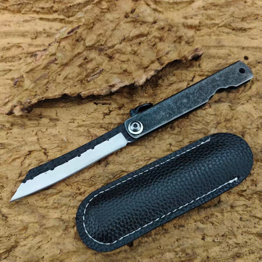 Camping Cooking Knife With Sheath - Higonokami Handmade Stonewashed Handle Outdoor Portable