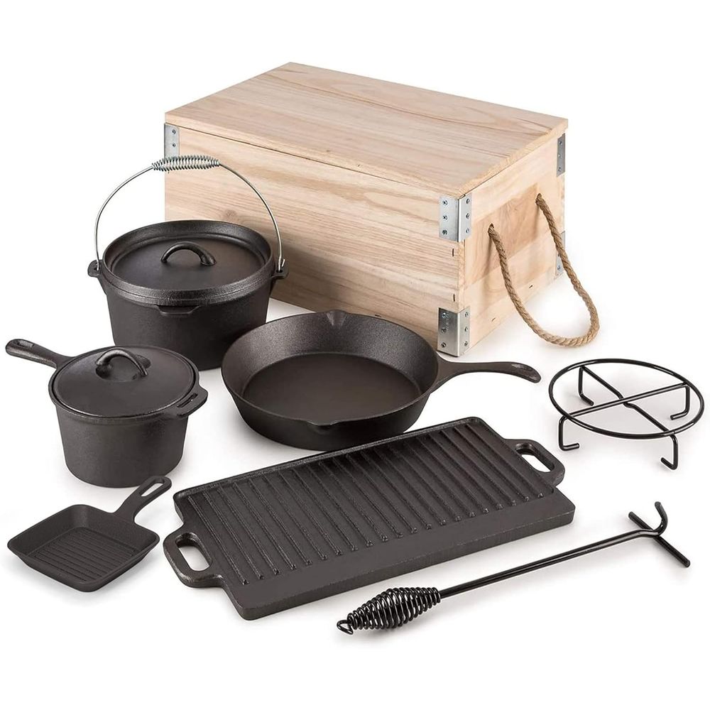 8 Piece Pre-Seasoned Dutch Ove - Vintage Camping Cooking Set ulasan dan harga